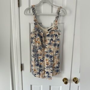 Weekend Fun Beige Multi Print Tie-Front Ruffled Skort Romper